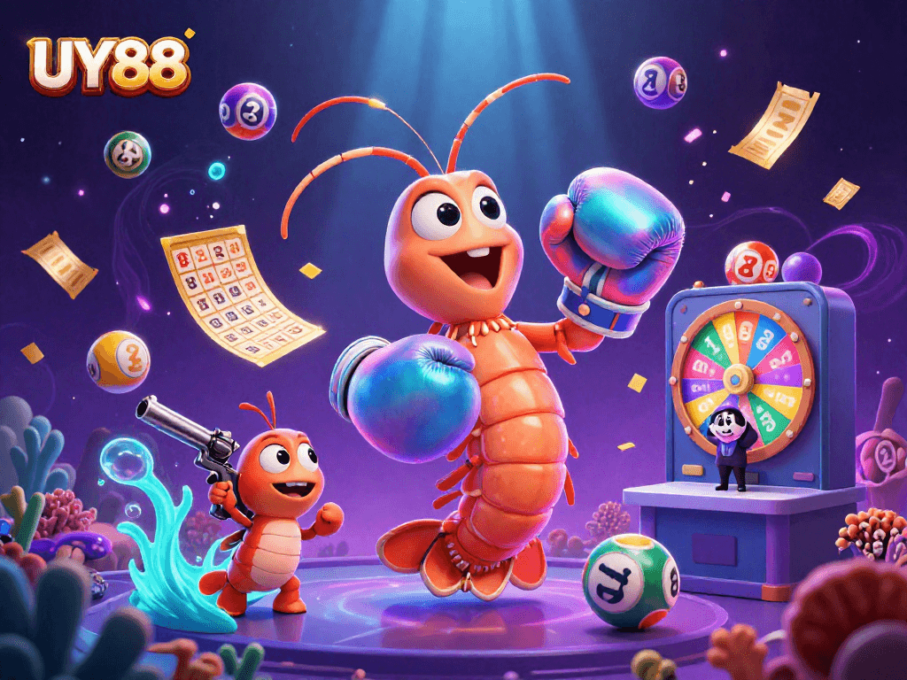 Experience thrilling wins at UY88's vibrant gaming scene with dynamic lottery elements and animated characters.
