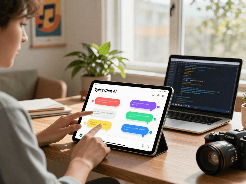 Spicy Chat AI user engaging in dynamic conversation on a tablet in a cozy home office.