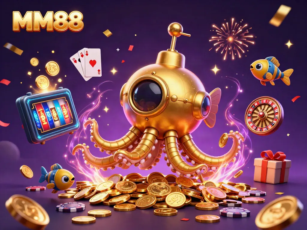 Engage in exciting gameplay with MM88's vibrant 3D casino scene featuring a golden kraken and slot game elements.