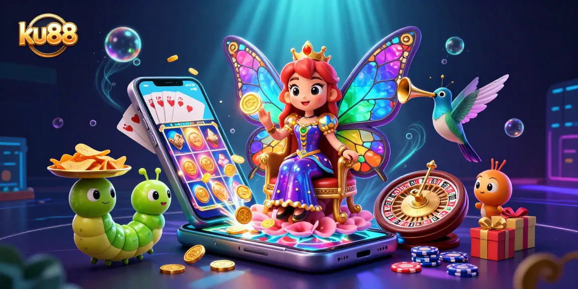 Spin to win with ku88's vibrant casino illustration featuring a butterfly queen and lively game elements.