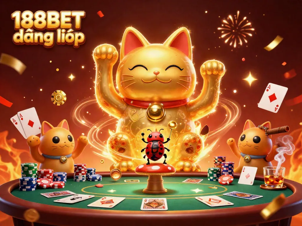 Experience vibrant 188BET đăng nhập with a lively giant lucky cat and poker scene.