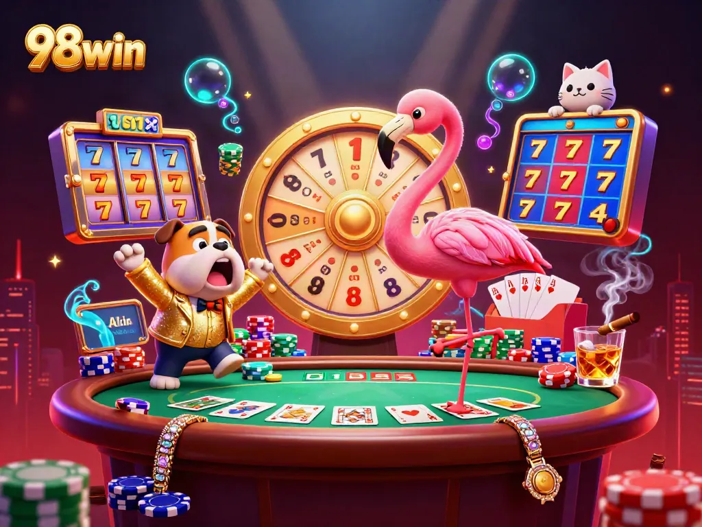 Engaging scene with 98win's game show host flamingo, contestant bulldog, and prize wheel amidst casino elements.