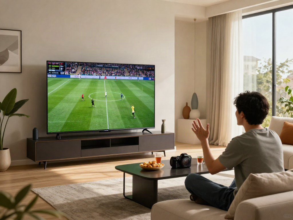 Excited viewer enjoying Miglior IPTV live sports in a stylish living room.