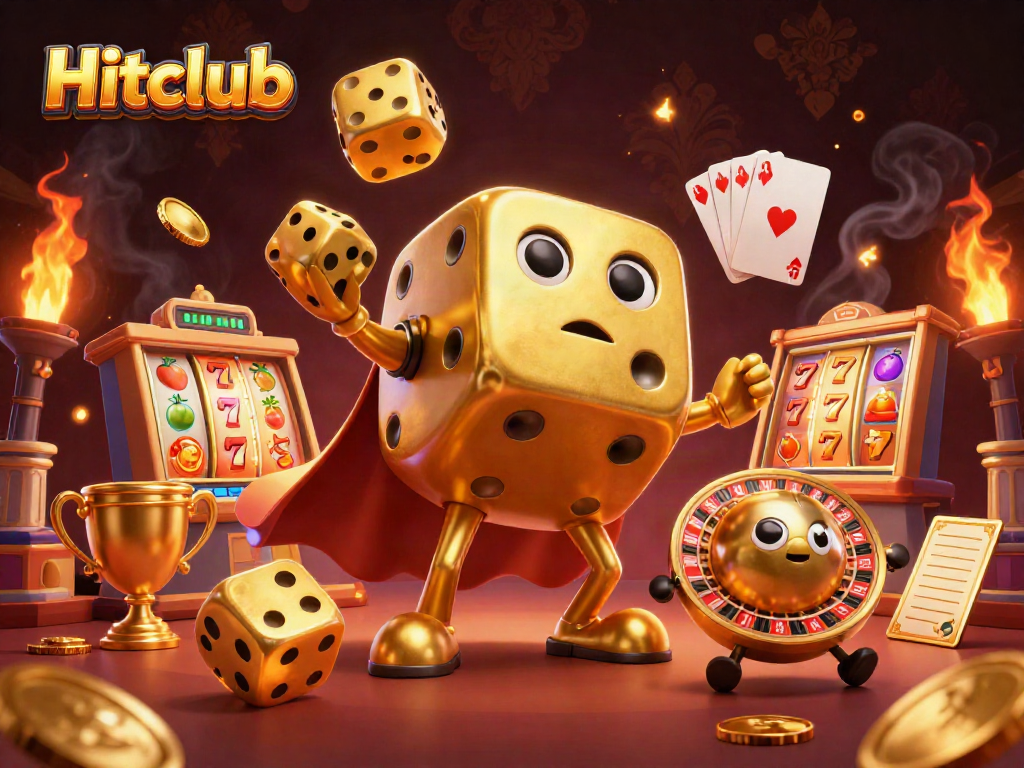 Hitclub players enjoying a thrilling casino experience with golden dice and spinning slot reels.
