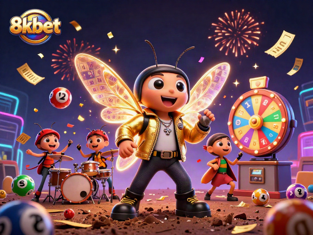 Engage with 8xbet's colorful lottery and gaming scene featuring a vibrant 3D illustration.
