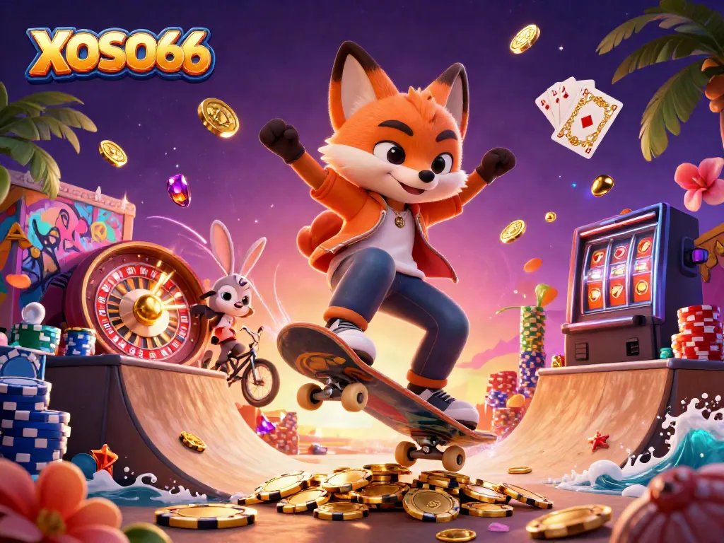 XOSO66 skateboarder fox and BMX rabbit exploding with gold coins and casino symbols in dynamic 3D scene.