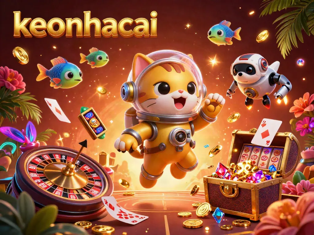Experience the dynamic world of keonhacai with a cartoon cat astronaut amidst sparkling casino treasures.