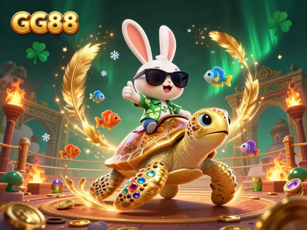 Experience diverse games at GG88 with the lucky rabbit and golden turtle in a vibrant casino scene.