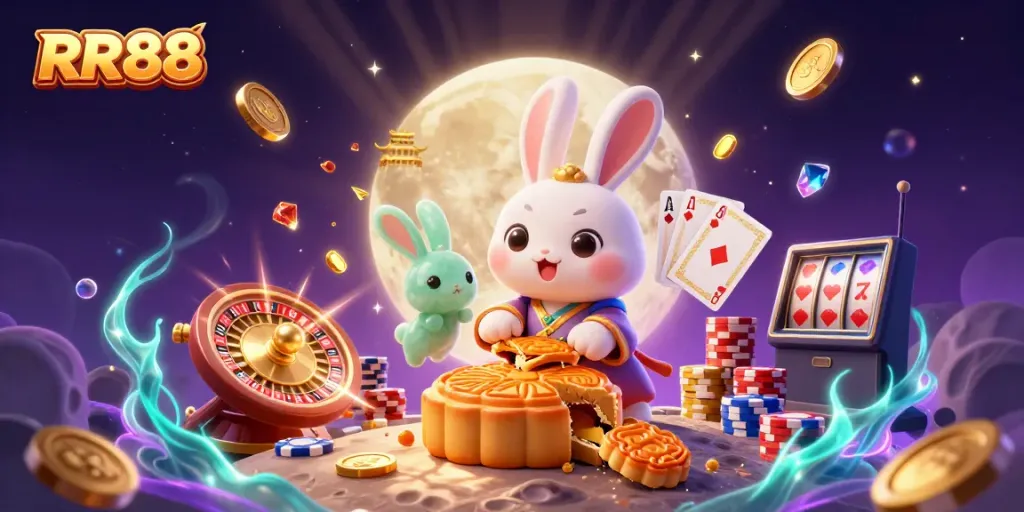 Experience thrilling casino action with RR88’s vibrant moon rabbit illustration amidst sparkling gems and golden coins.