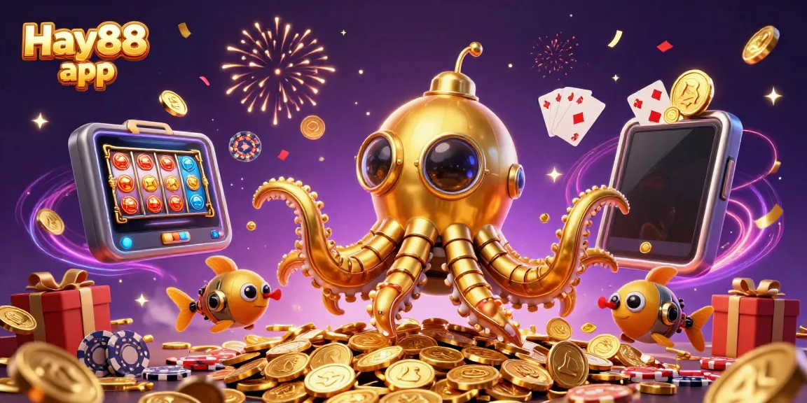 Play thrilling games on the Hay88 app, featuring a 3D kraken submarine and magical casino elements.