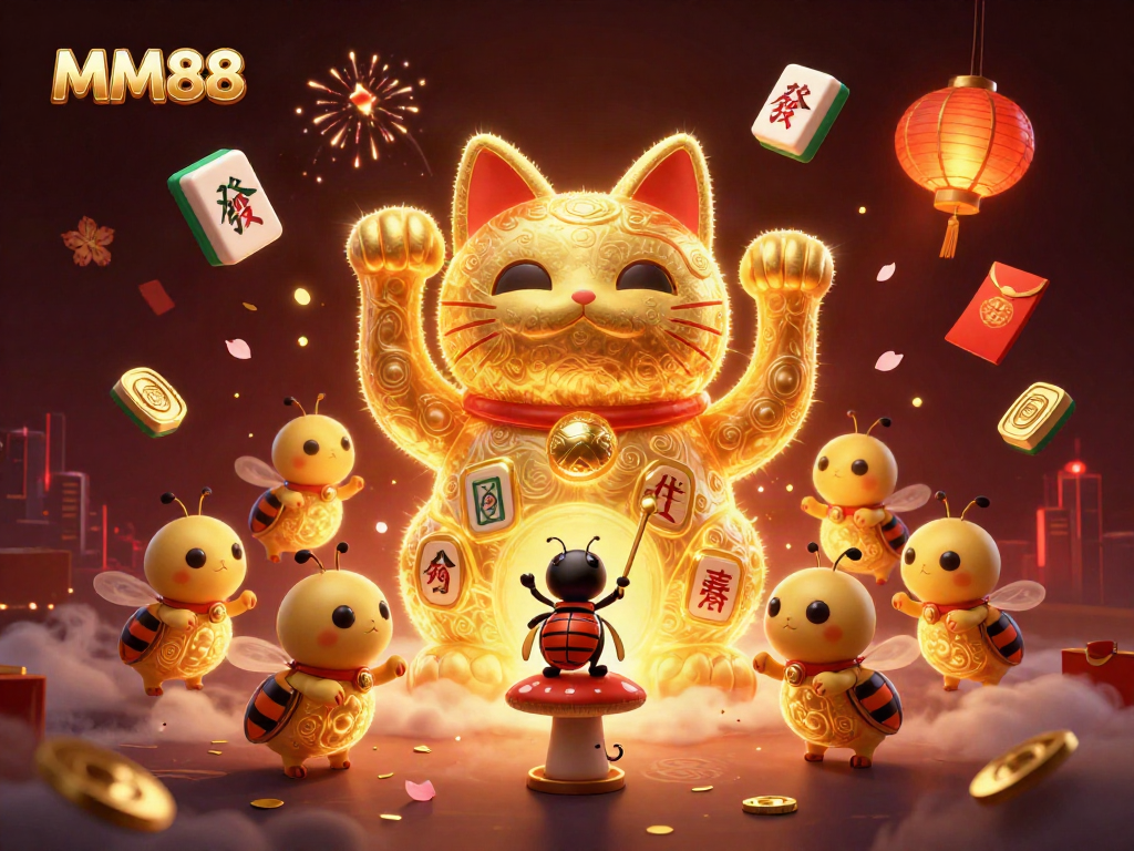 Engage with MM88's vibrant casino world, featuring a lucky cat and festive elements in an animated scene.