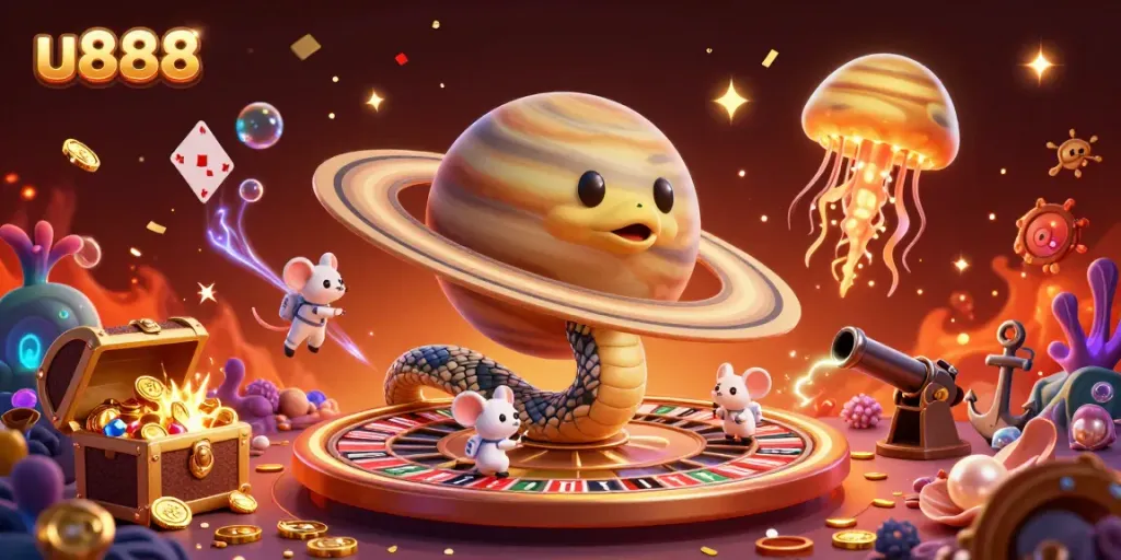 Experience thrilling gaming with u888 as tiny astronauts bet on Saturn's rings in a cosmic casino!