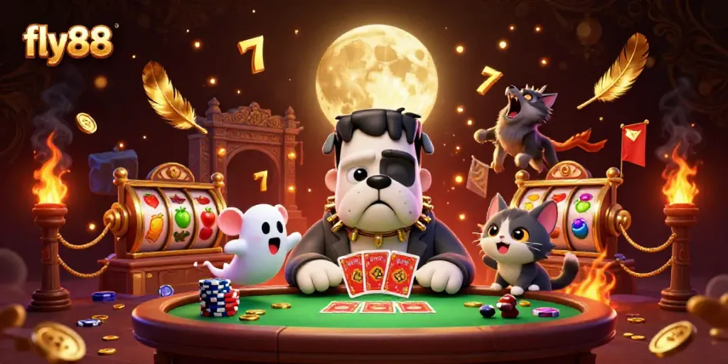 FLY88 casino illustration with a Frankenstein bulldog dealing cards, enhancing the online casino experience.