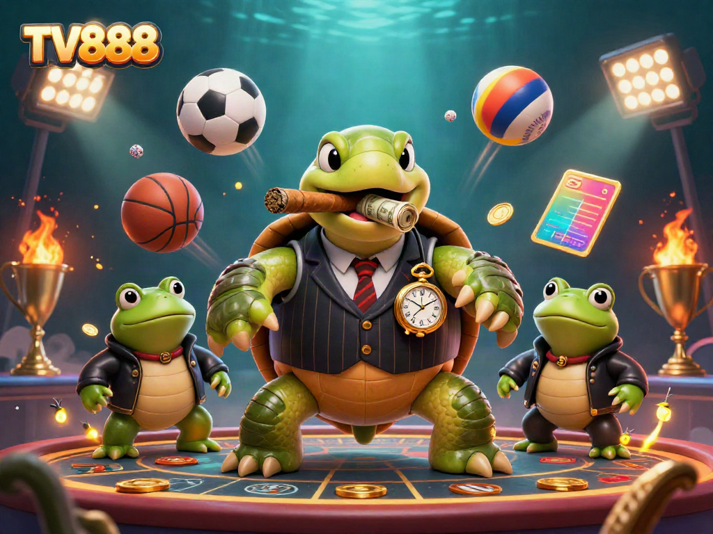 Join the action at TV888 with a cartoon turtle and bullfrogs in a vibrant casino setting.