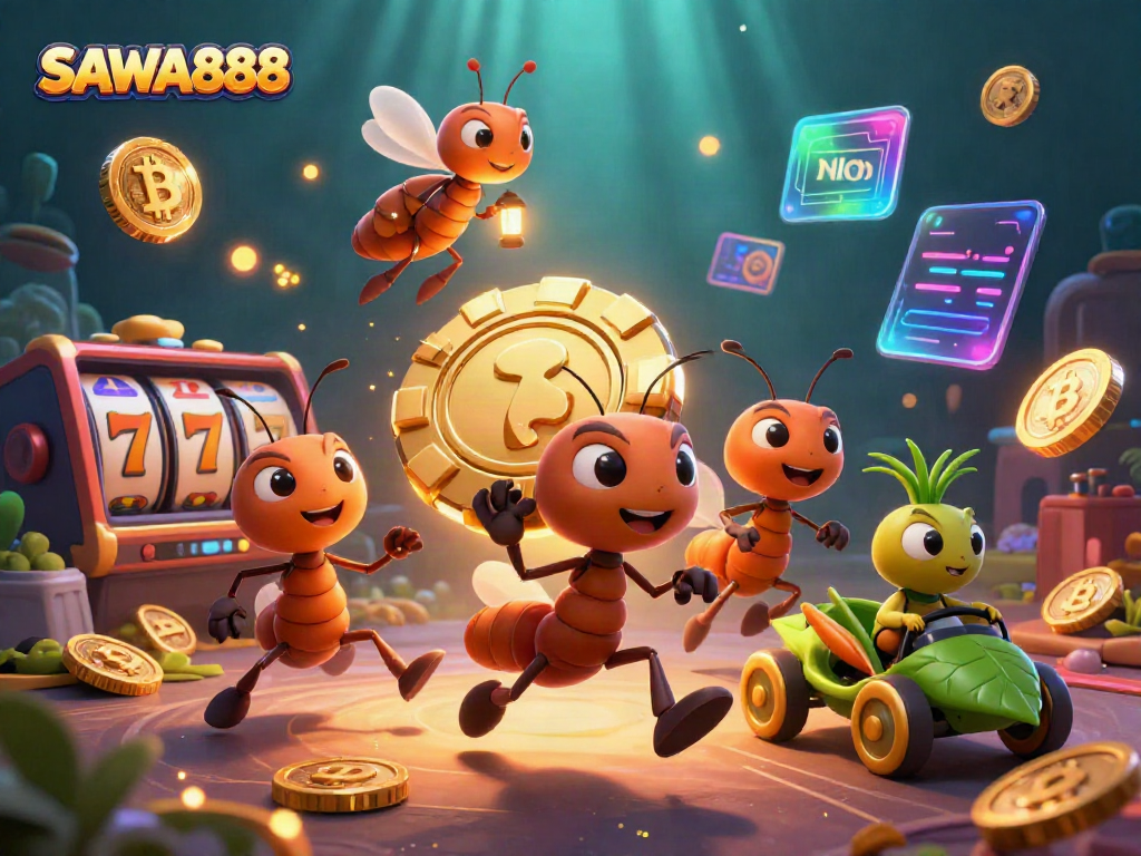 Experience thrilling gameplay with SAWA888's vibrant casino adventure featuring animated ants and crypto elements.