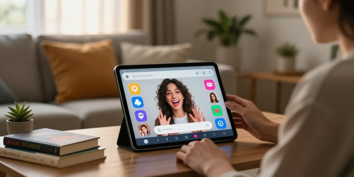 Engaging in a sex ai chat on a tablet in a cozy living room, showcasing vibrant character interactions.