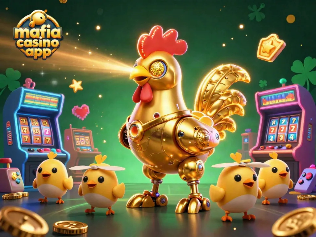 Experience thrills with the mafia casino app, showcasing a golden rooster robot and dynamic game elements.