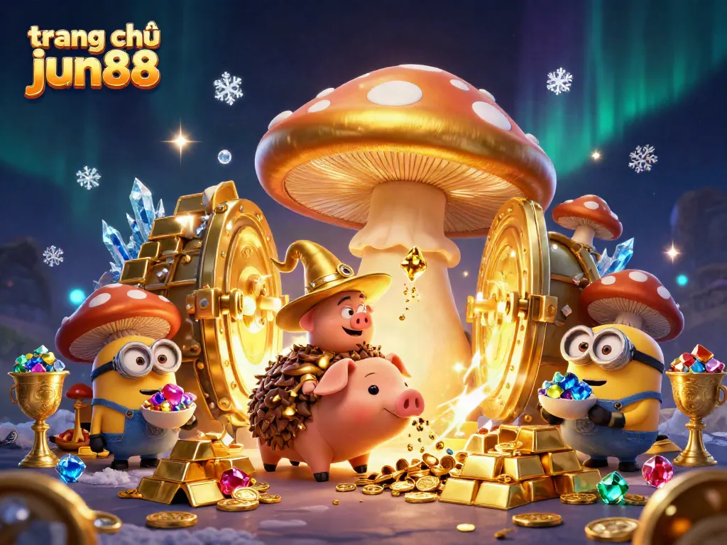 Experience thrill at trang chủ jun88 with a magical casino adventure illustration filled with treasures and characters.