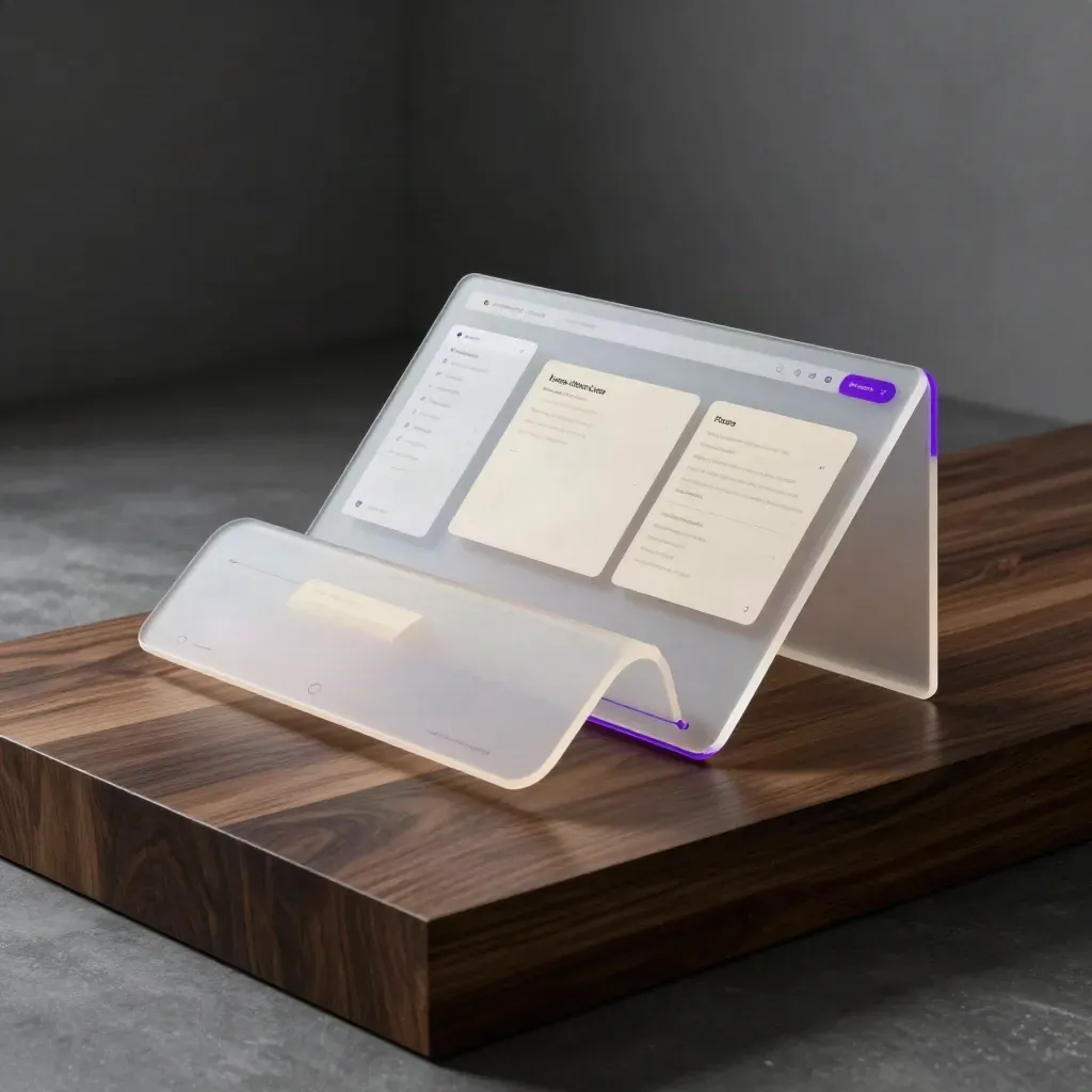 Struttura UX/UI in acrilico opalino e viola su base in noce, con luce cinematica.