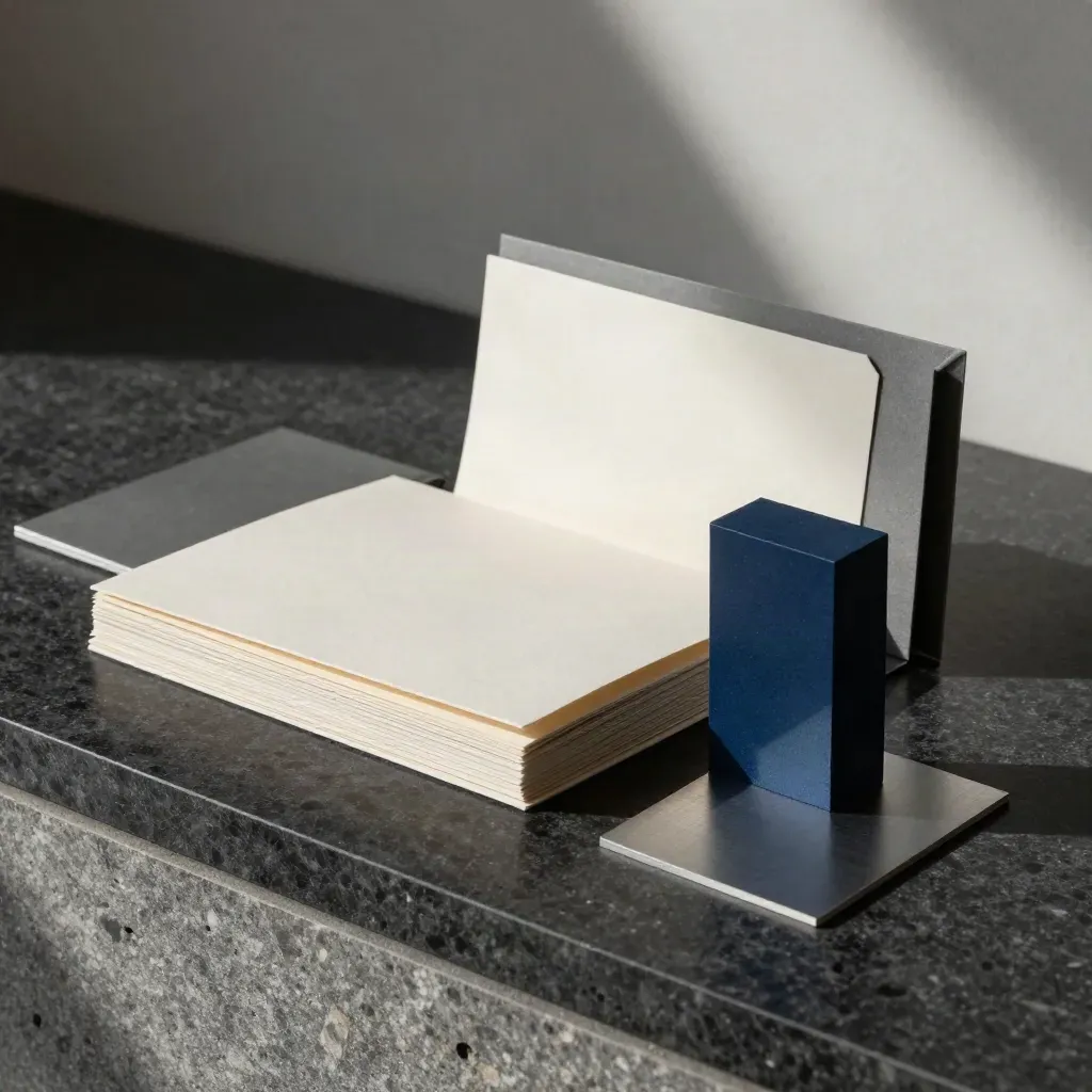 Cartella goffrata, campioni materiali e packaging essenziale su pietra scura.