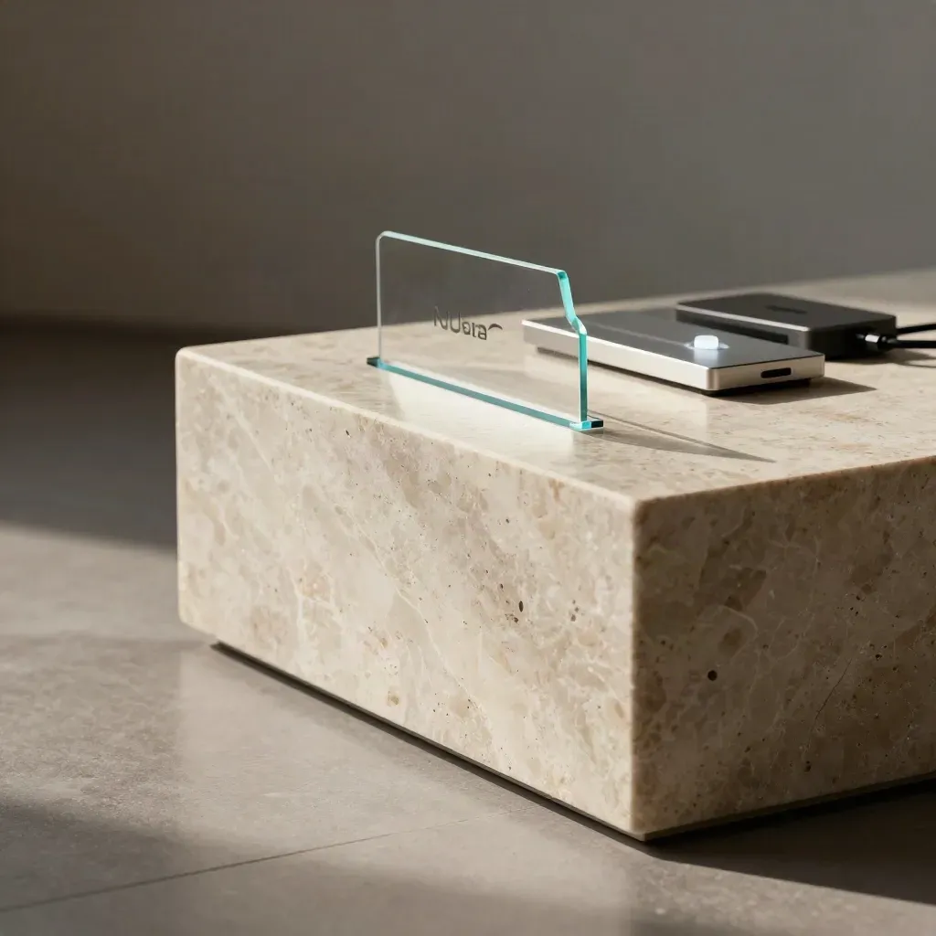Corner demo startup finito con piedistallo, pannelli astratti e luce turchese.