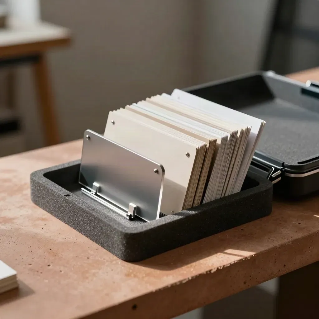 Kit prototipo-contenuti con pannelli intercambiabili e case demo, su banco in cemento.