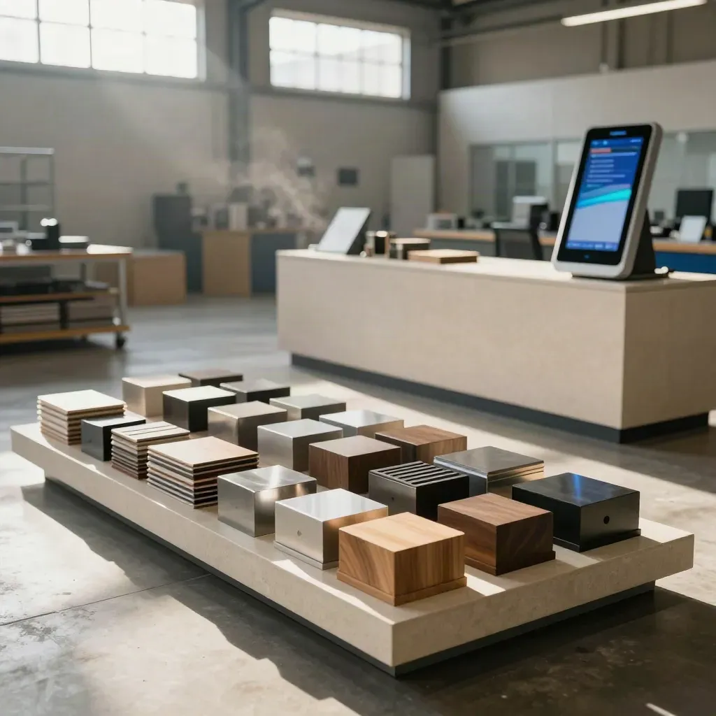 Banco manifatturiero ordinato con campioni, kiosk digitale e luce calda nel capannone.