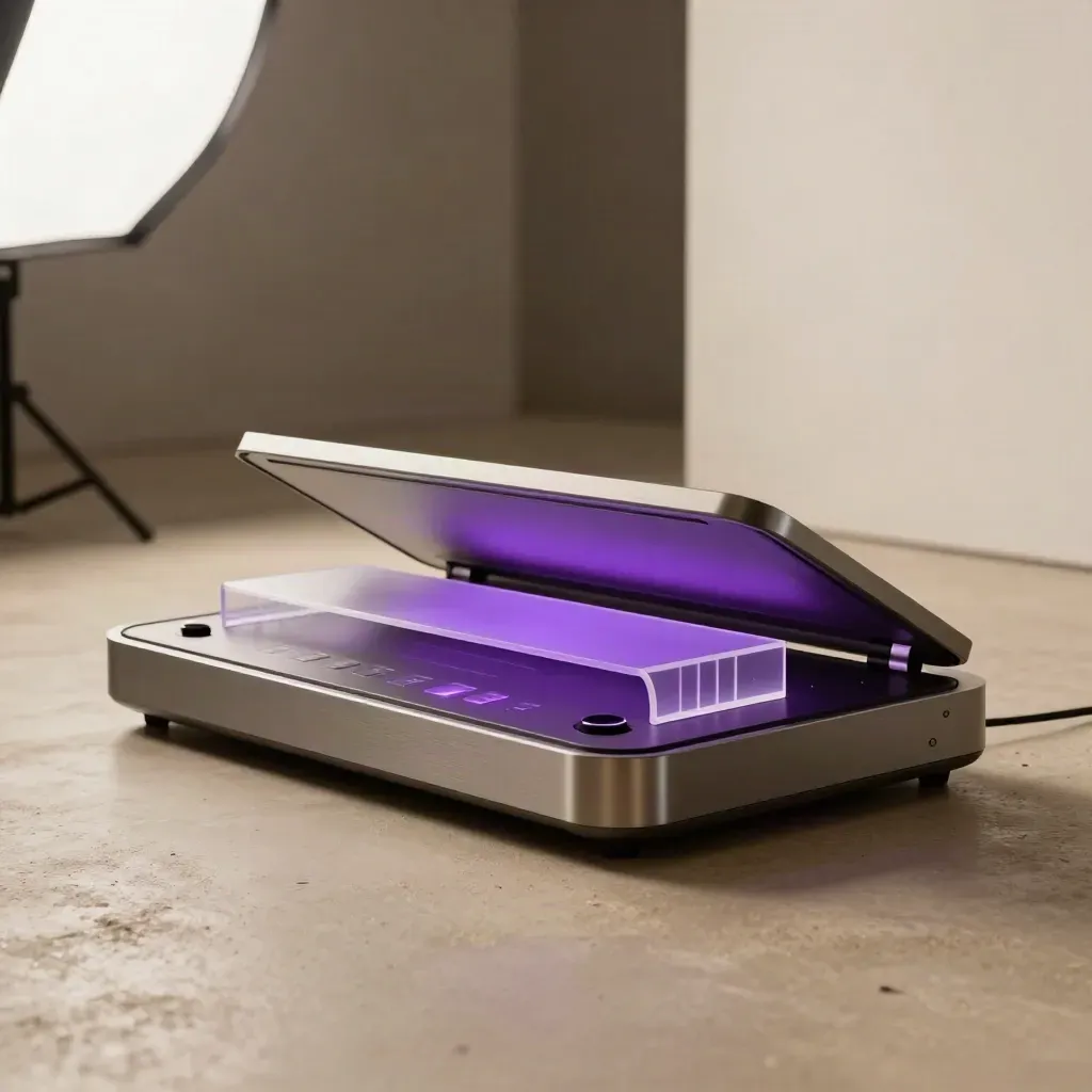 Pod demo HR tech modulare con pannelli aperti e luce viola in uno spazio contemporaneo.