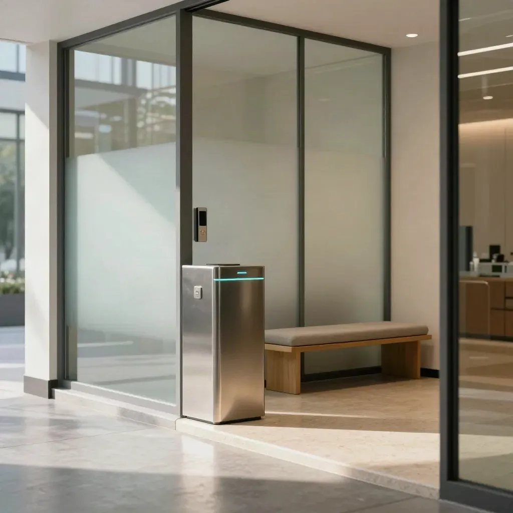 Ingresso di studio medico con vetri satinati, punto contatti minimale e luce calda.