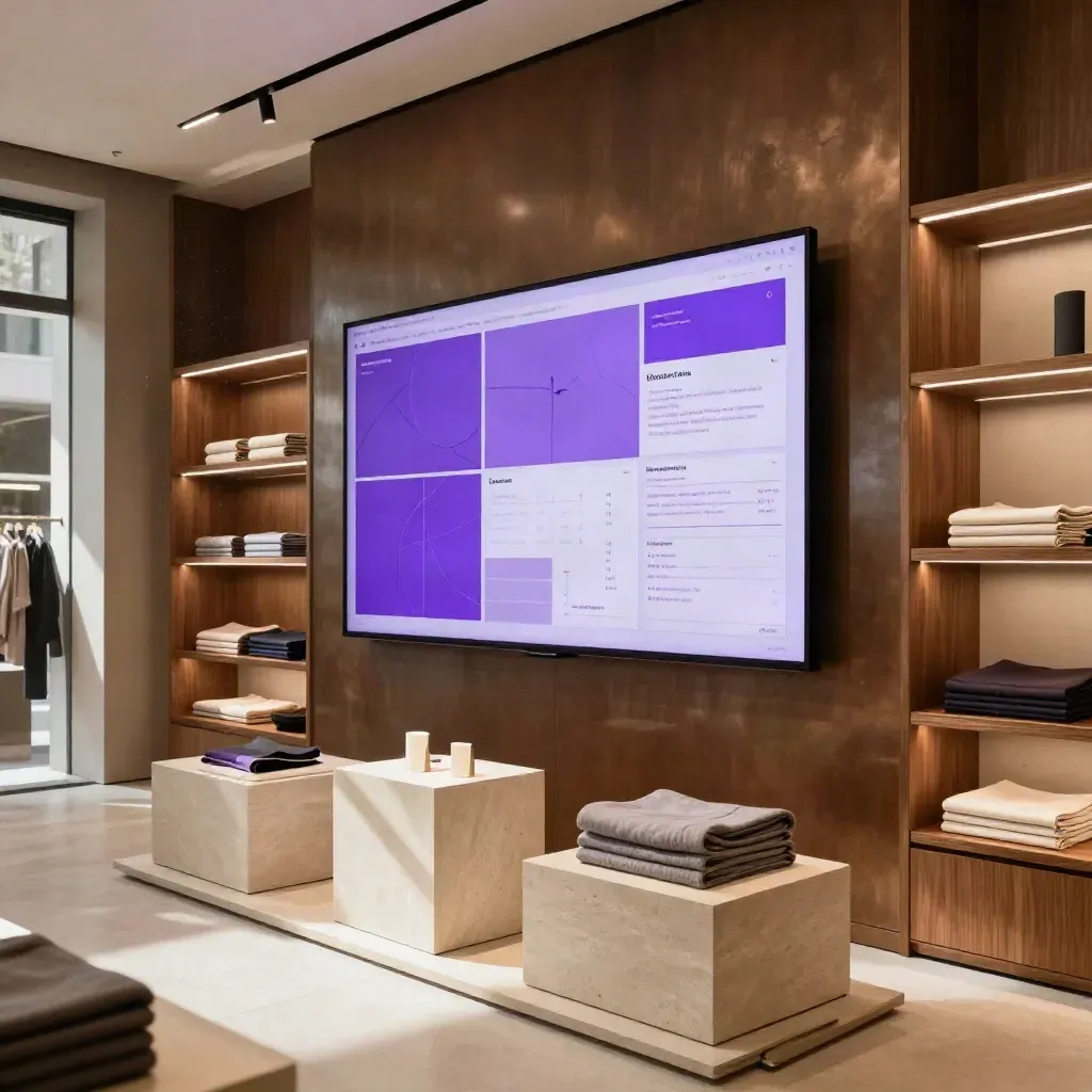 Corner retail finito con pannello digitale e display stagionali, luce calda e accento viola.