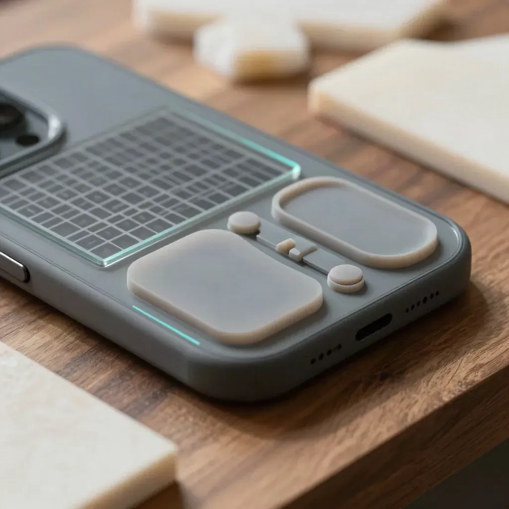 Mockup telefono, griglia in acetato e silicone su banco in legno, luce fredda