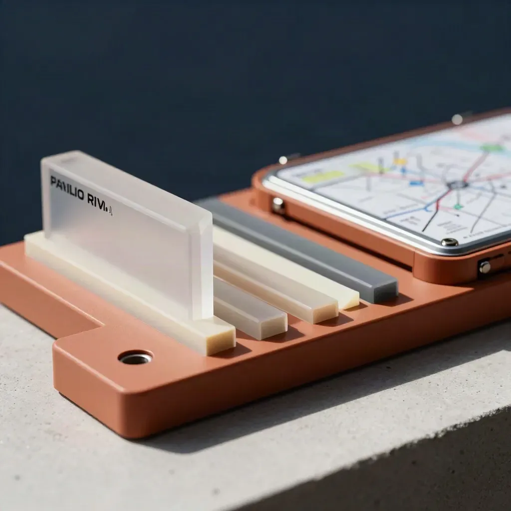 Blocchi timeline in acrilico e case modulare per roadmap digitale, su base tecnica.