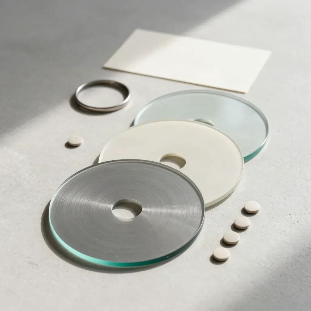 Flatlay dall'alto con tre dischi di vetro, anello metallico e token neutri su pietra chiara
