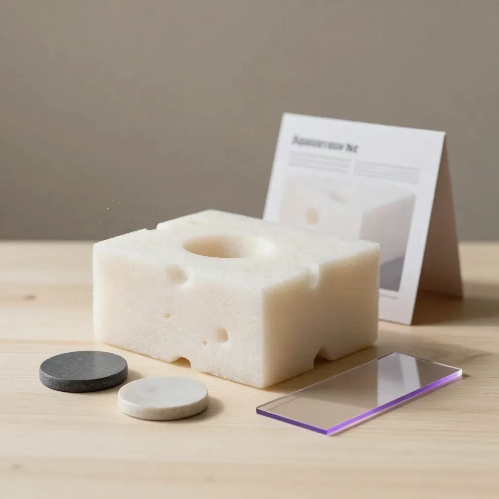 Mockup in foam, chip test e lastra di acetato su legno chiaro, con luce morbida laterale.