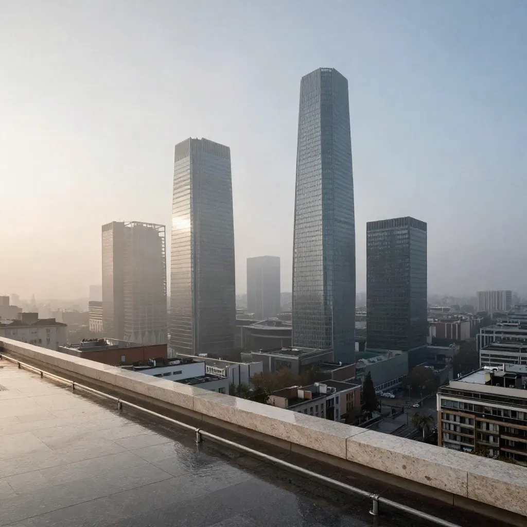 Skyline di Milano all’alba con Porta Nuova tra nebbia e pioggia, sopra una terrazza in pietra.