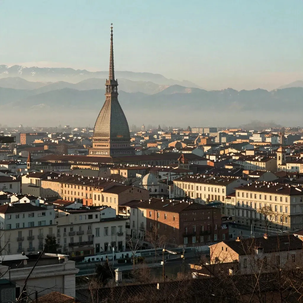 La Mole Antonelliana su Torino all’alba, con colline e Alpi lontane.