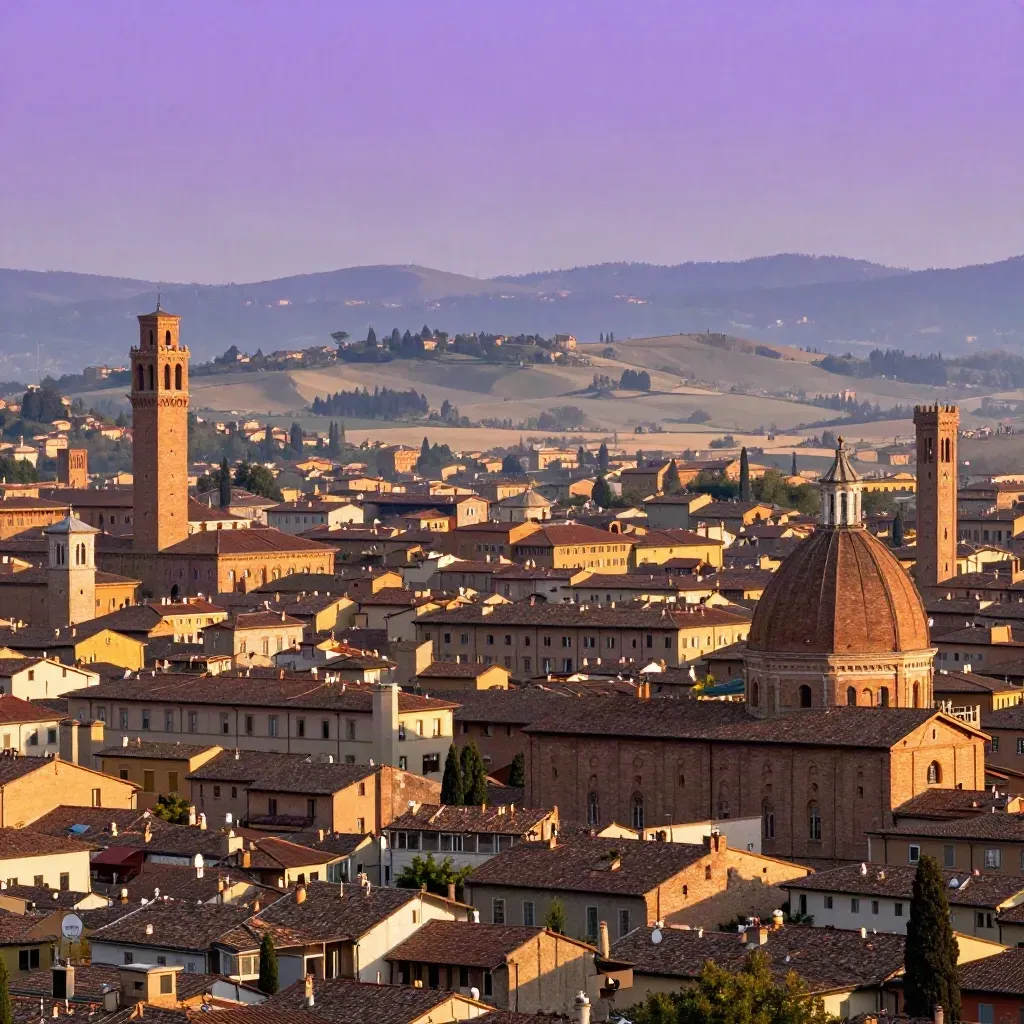 Vista alta su Bologna con tetti rossi, colli sfumati e foschia dorata.