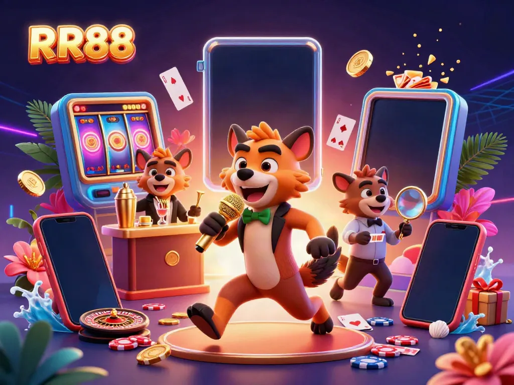 Engage with RR88 as hyenas entertain in a dynamic casino scene, blending comedy with vibrant gambling elements.