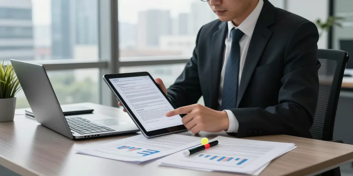 Professional examining digital documents for document fraud detection in a modern office.