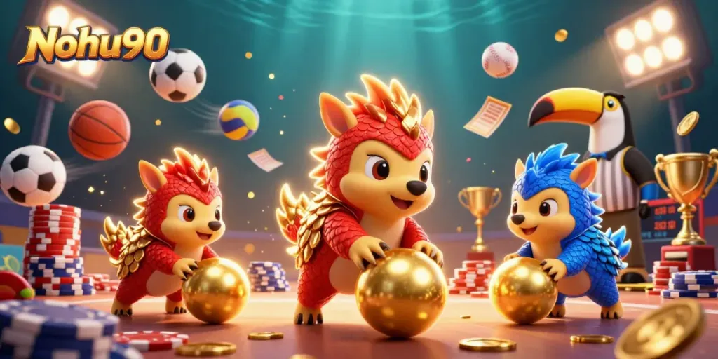 Nohu90 pangolins bowling through poker chips, representing exciting gambling action.