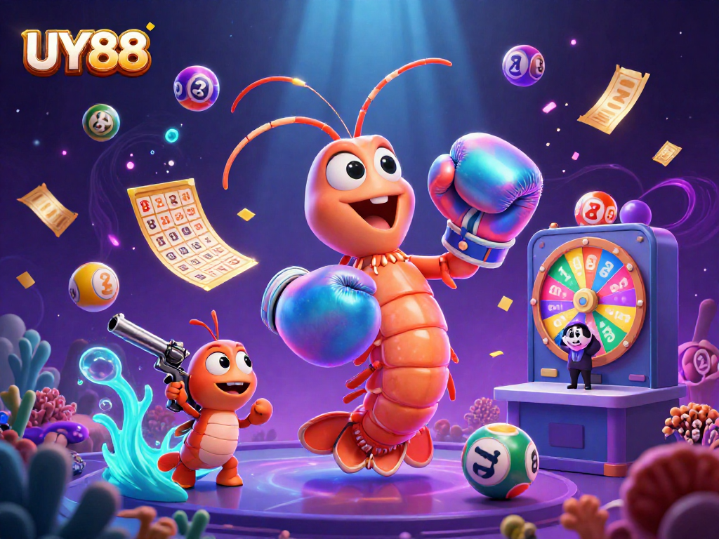 Experience thrilling wins at UY88's vibrant gaming scene with dynamic lottery elements and animated characters.