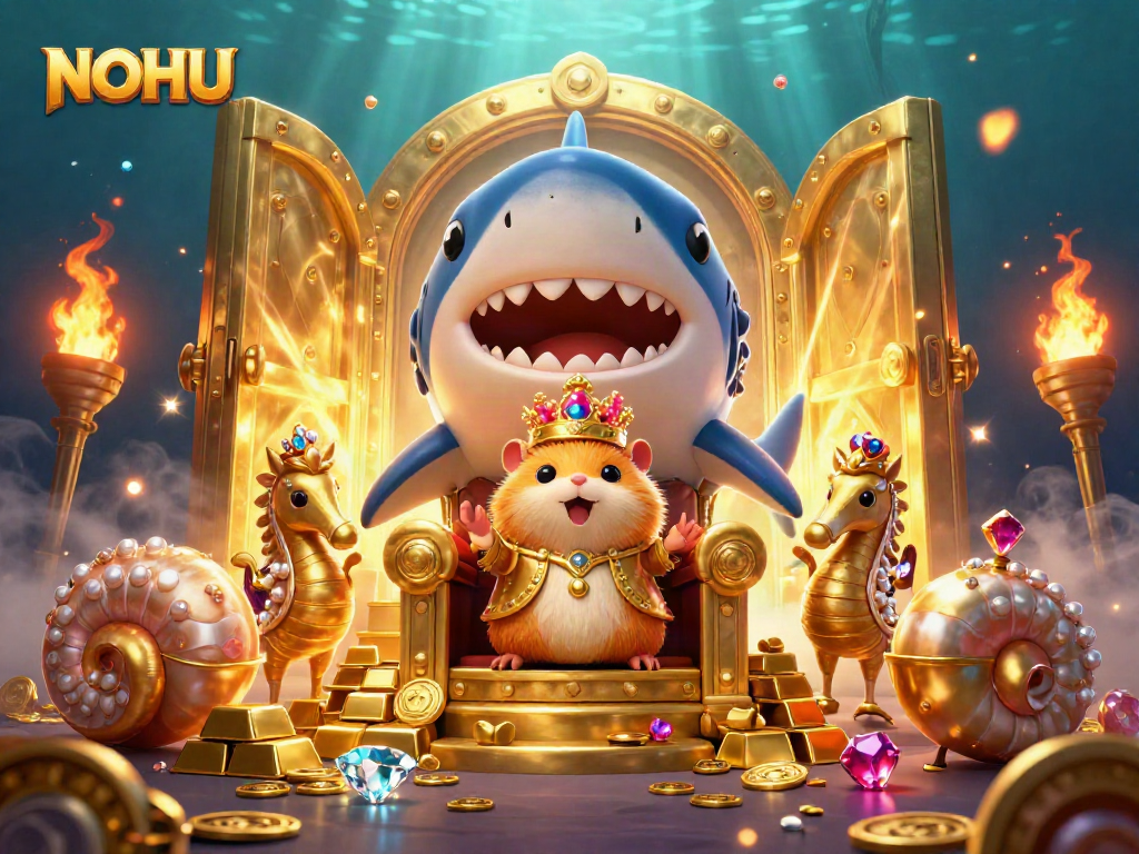 Experience the thrill of NOHU with a golden hamster king ruling a treasure-filled underwater kingdom in a vibrant 3D illustration.