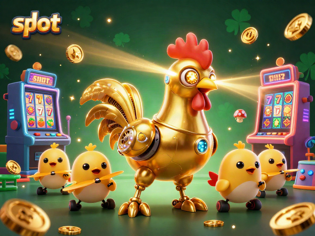 Engage with vibrant slot machines while a golden rooster robot leads the gaming fun.