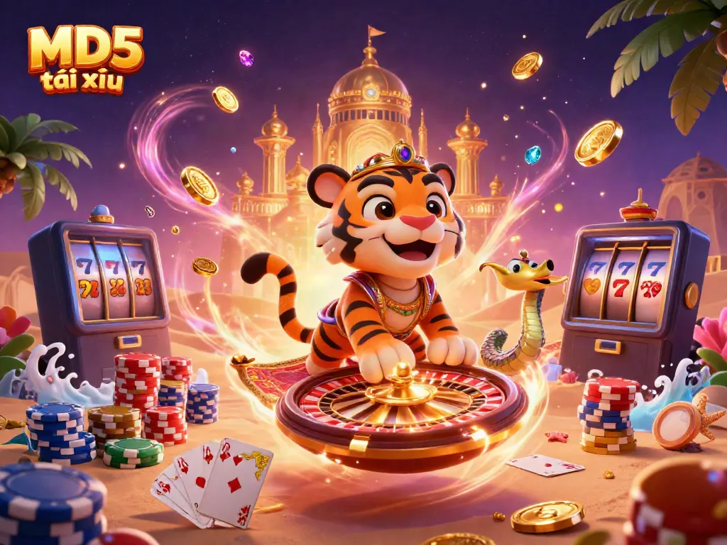 Engage in MD5 tài xỉu with an enchanting scene of a sultan on a flying poker chip carpet surrounded by dynamic casino elements.