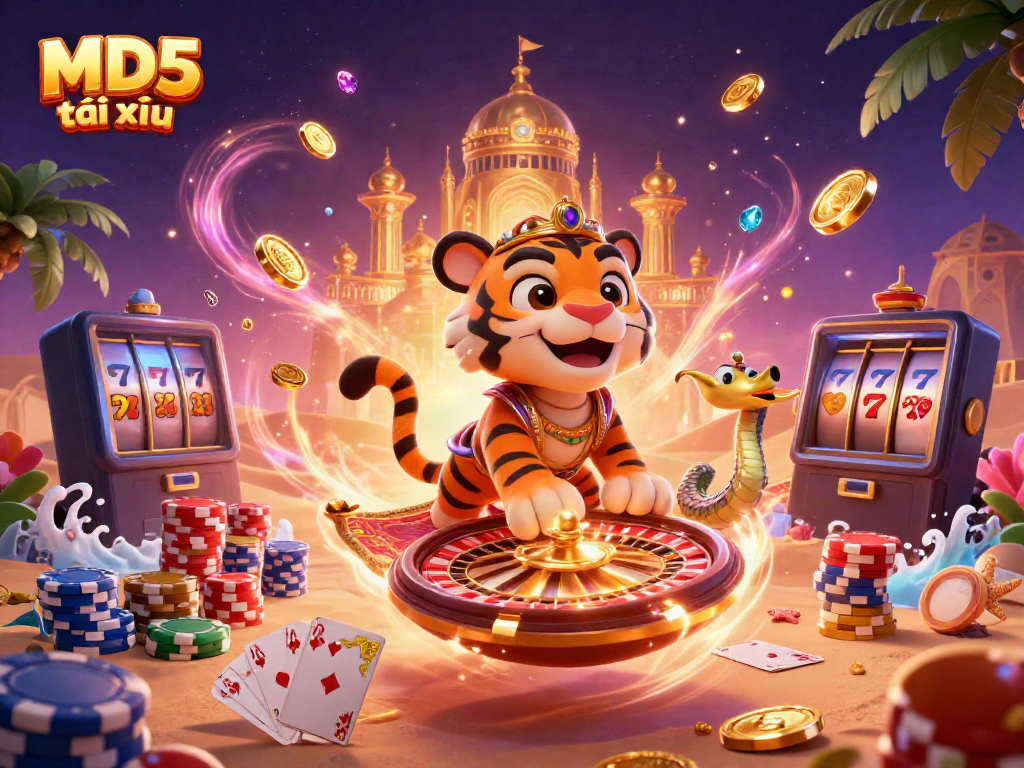 Engage in MD5 tài xỉu with an enchanting scene of a sultan on a flying poker chip carpet surrounded by dynamic casino elements.