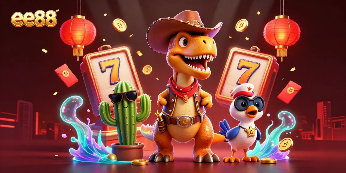 Experience the dynamic gaming world of ee88 with a vibrant 3D casino illustration featuring playful characters and classic symbols.