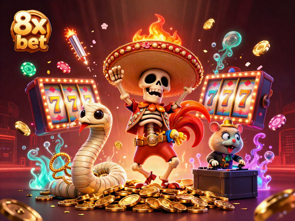 Engage with the vibrant atmosphere of 8x bet featuring joyful characters and dynamic casino elements.