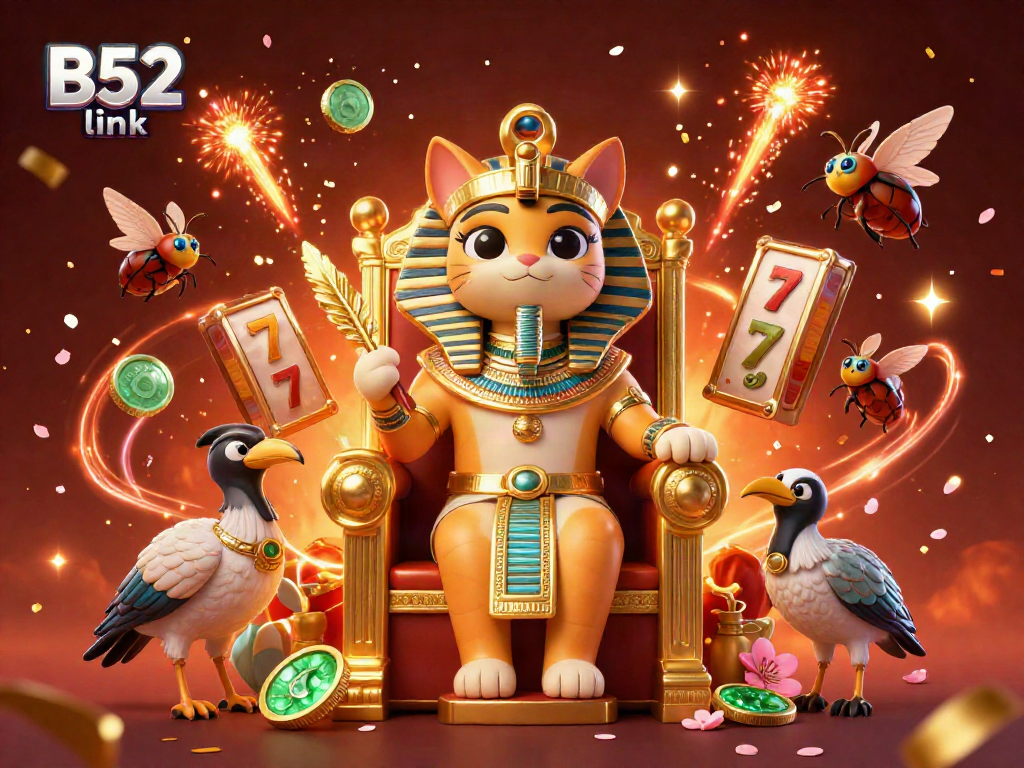 Experience vibrant B52 link action in this dynamic 3D casino illustration with slot reels and celebrating characters.