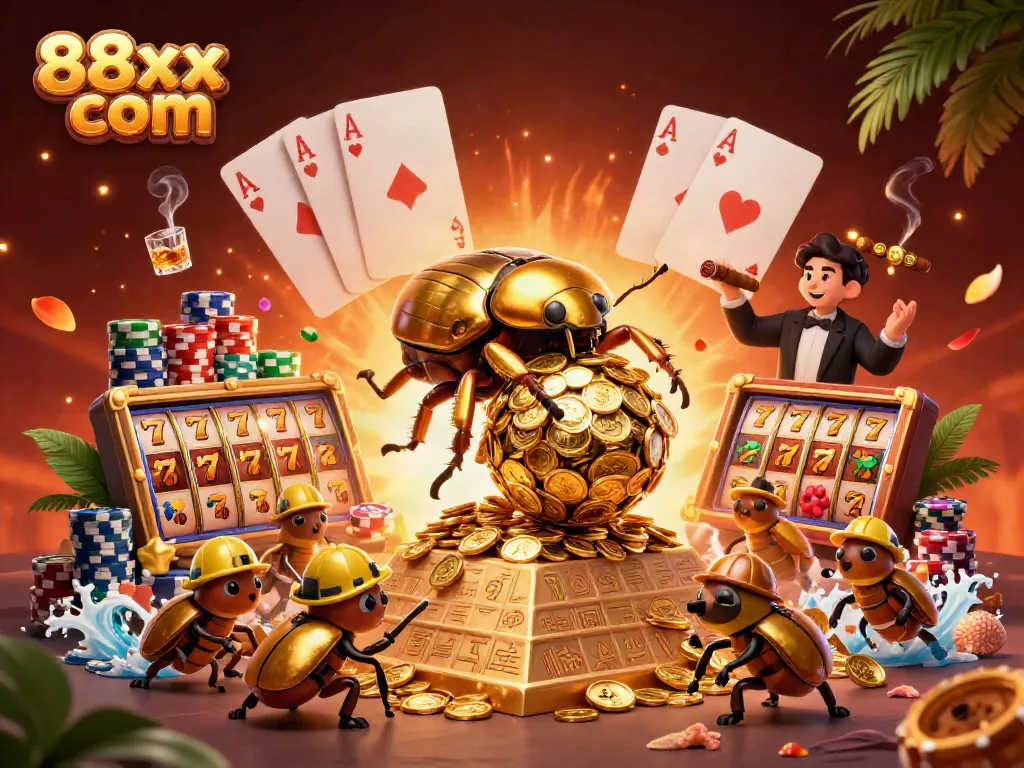 Experience the thrill of 88xx com with massive slot reels and golden beetles engaging in a jackpot quest.