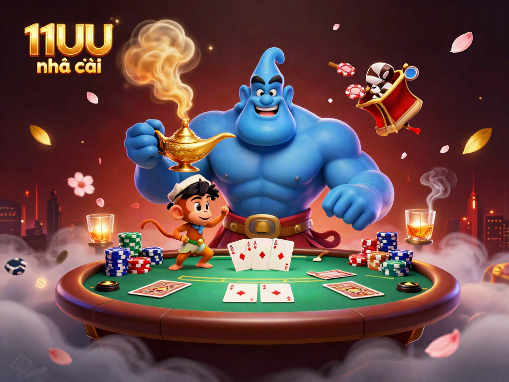 Experience thrilling gameplay with 11UU nhà cái featuring a blue genie and poker chips in an enchanting 3D scene.